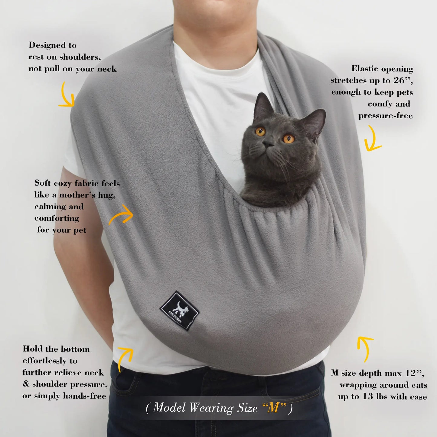 PAWPUBBY Hands-Free Cuddler Cat Sling Carrier Backpack - Soft Fleece Fabric, Breathable, Collar-Compatible, Elastic Band, Solid Design, Fits up to 18Lbs, Secure, Ideal for Home & Travel, Includes Collar & Harness, Pet Accessory, Breathable Seat Covers, Se