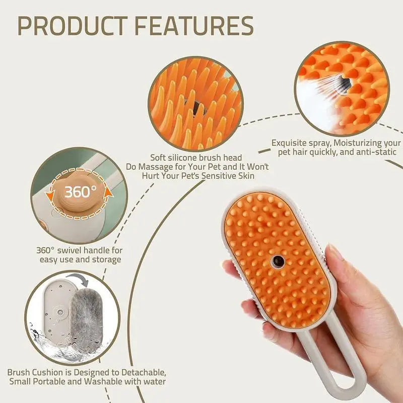 3-in-1 Gentle Pet Steam & Massage Brush — Hydrating De-Shedding Care for Cats & Dogs