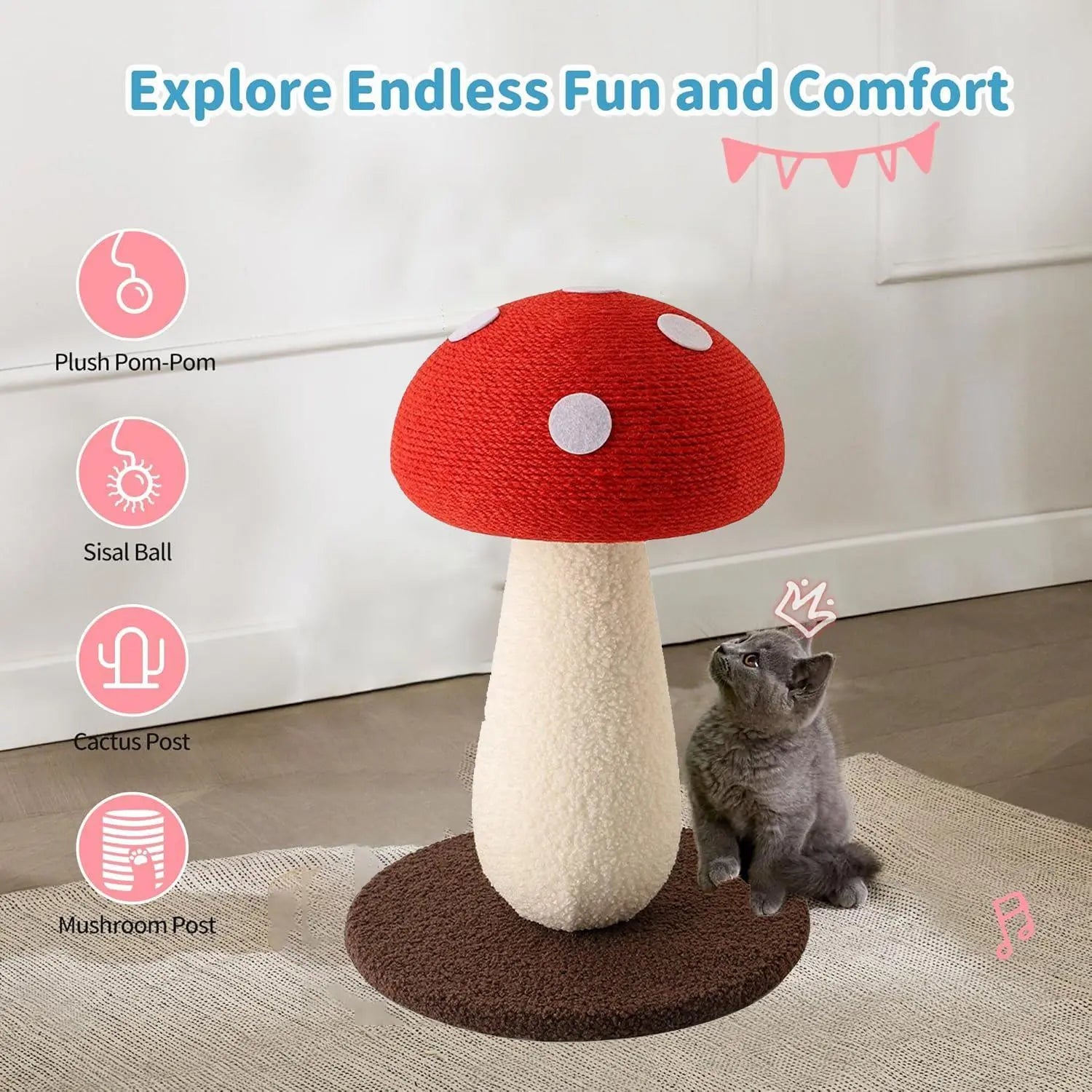 Extra-Large Mushroom-Shaped Cat Tree with Sisal Scratching Post for Indoor Cats Home Natural